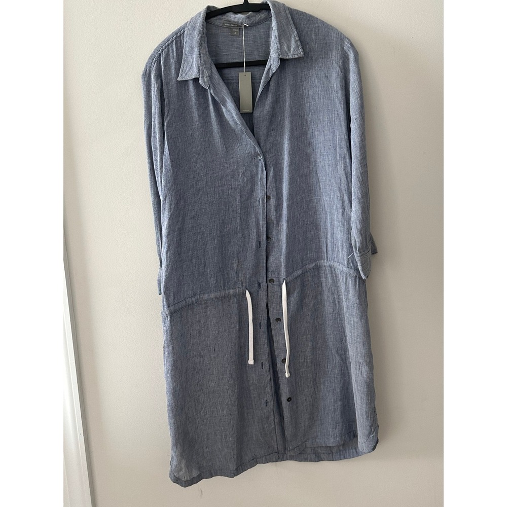 James Perse Blue White Striped Linen Drawstring Waist Shirt Dress Size 4 L - Picture 5 of 5